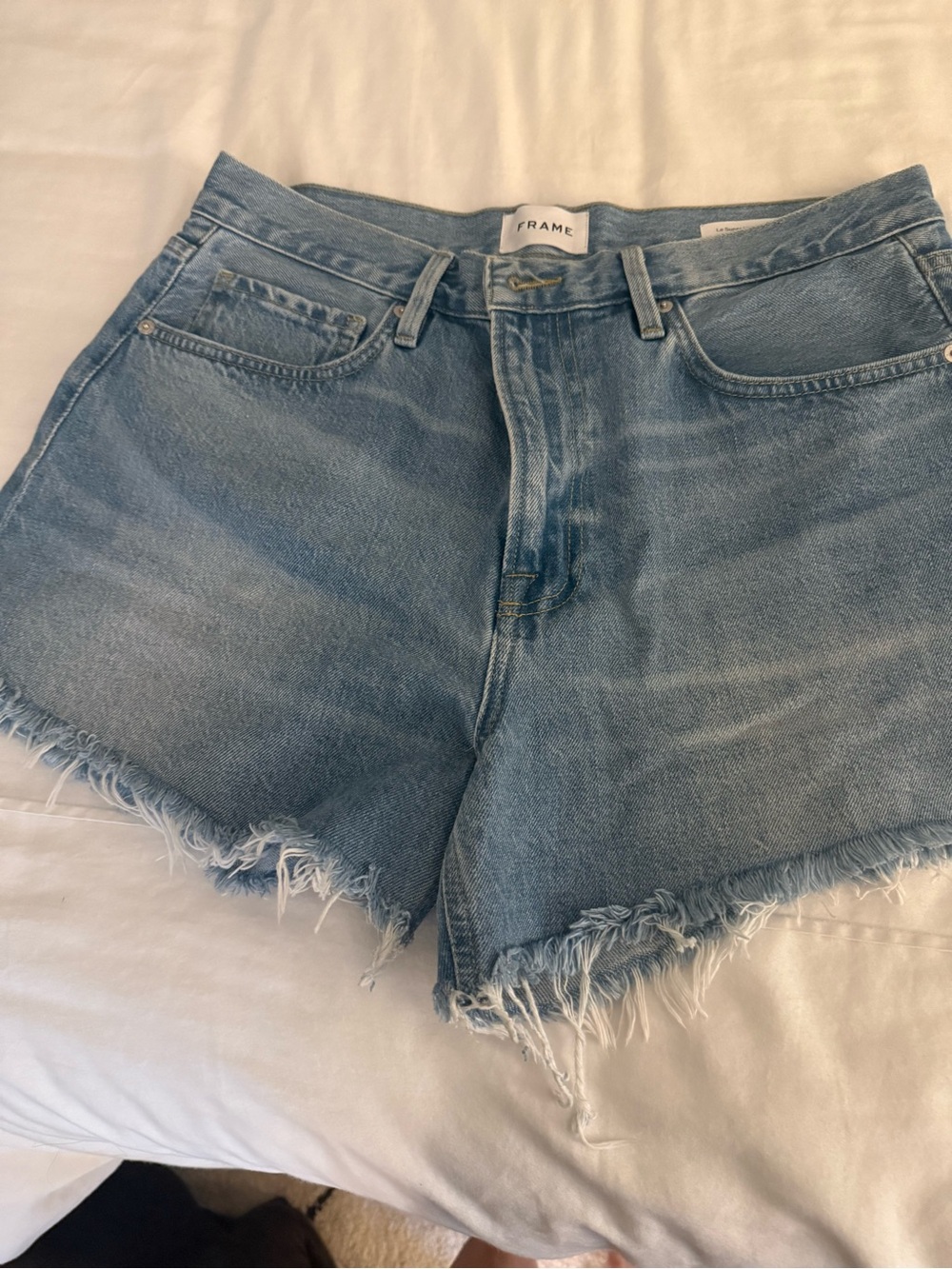Frame Denim Faded Blue Frayed-Hem Jean Shorts